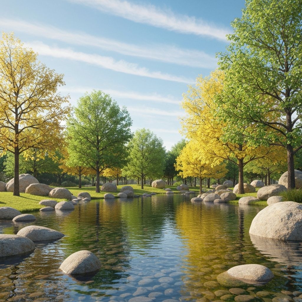 Balanced lifestyle elements - water, trees, harmony